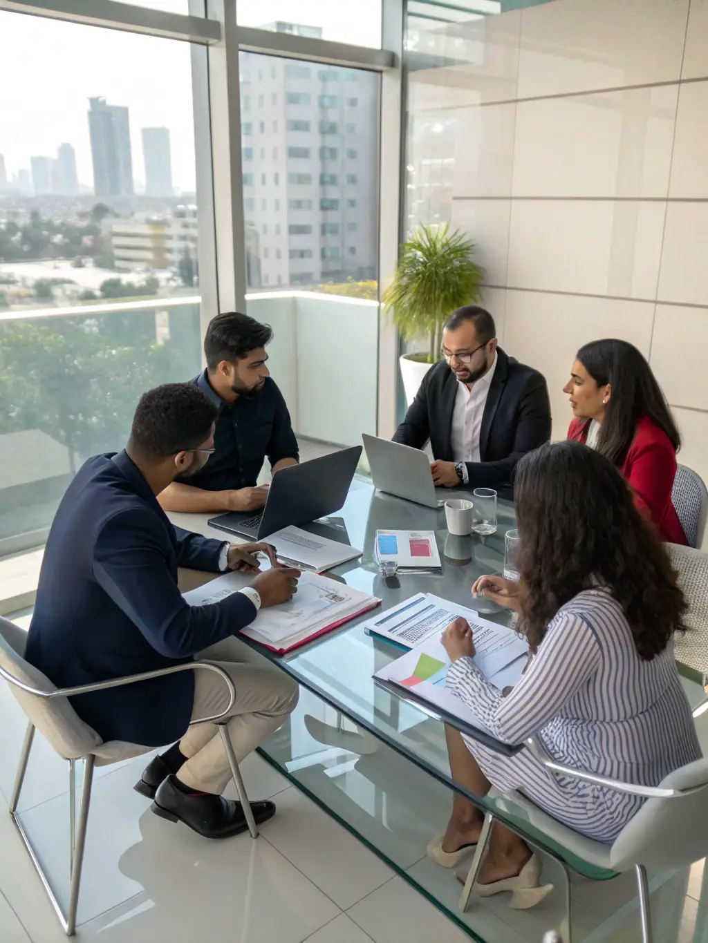 An image of a diverse group of business professionals collaborating around a table, reviewing loan documents and discussing financial strategies in a modern office setting. The atmosphere is positive and collaborative.